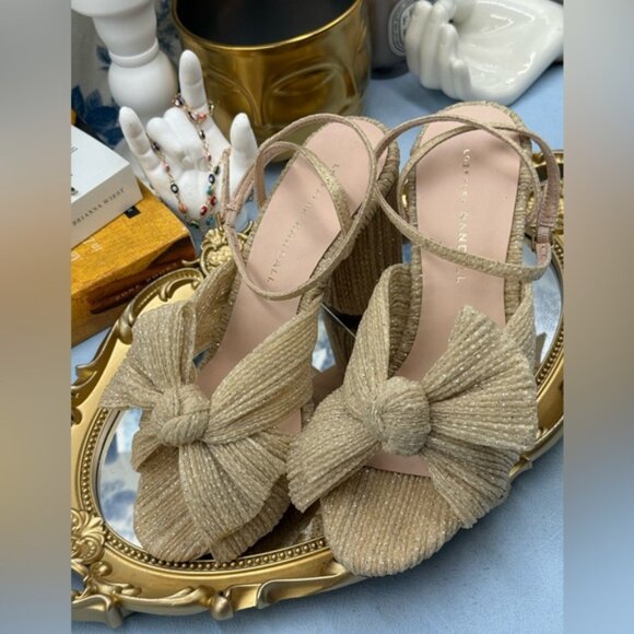 🆕 LOEFFLER RANDALL 🧿 NWOB Camellia Pleated Bow Heels, Cream Sparkle Mesh, Sz 7 - Picture 13 of 16